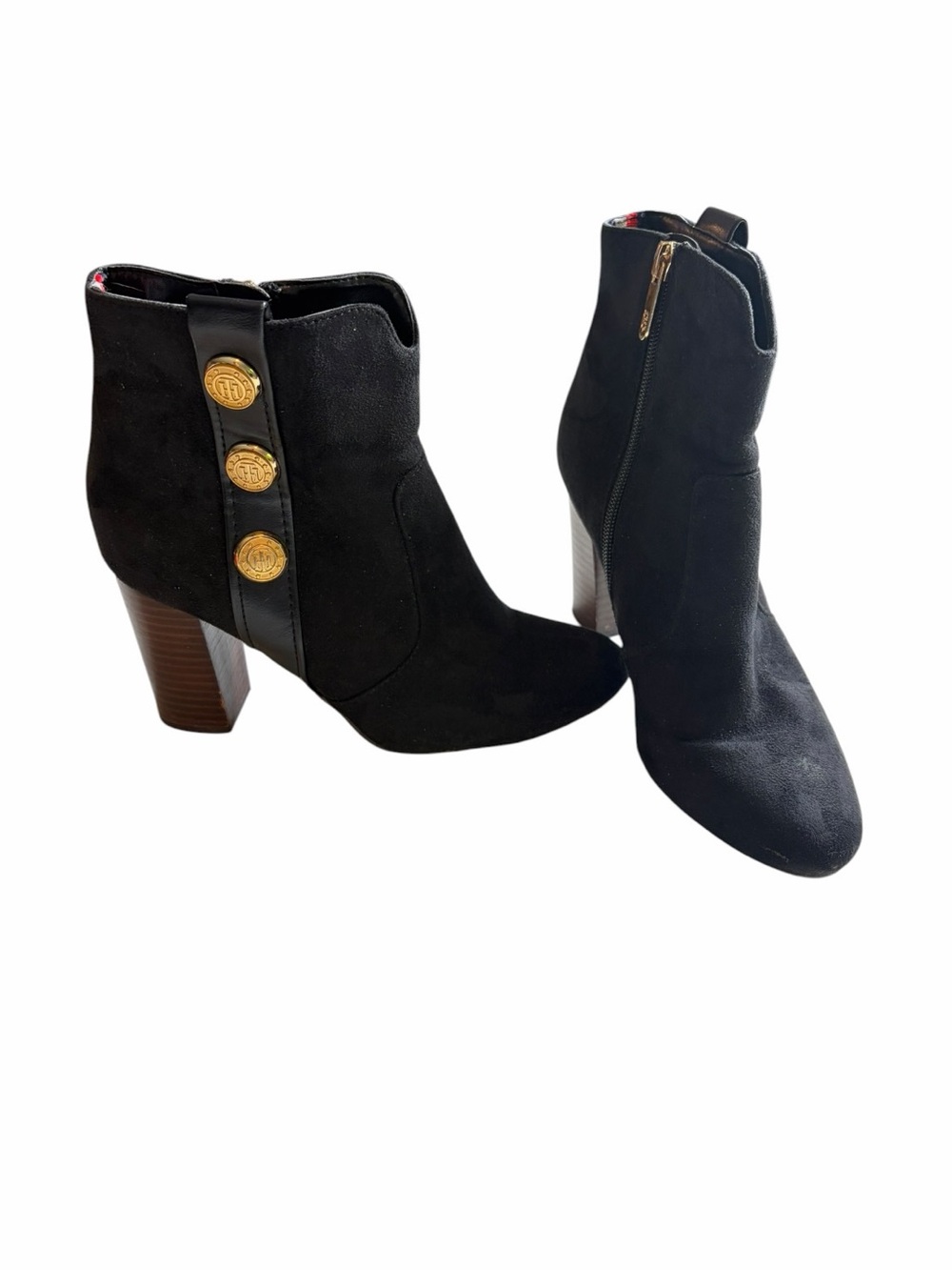 Tommy Hilfiger Domain 3 Black Fabric Ankle Boots Sz 6 1/2 Gold Button Block Heel
